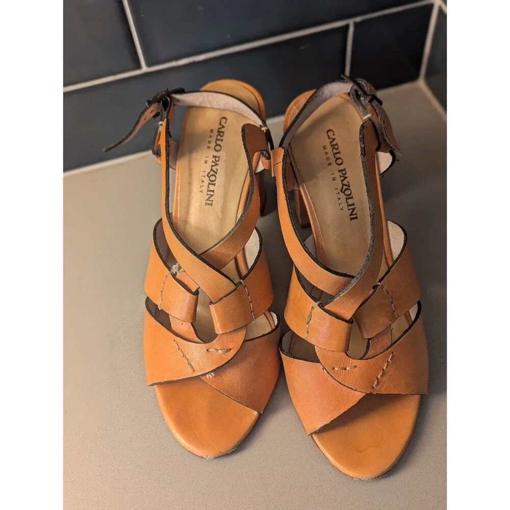 Carlo Pazolini 8 Tan‎ Leather Strappy Wedge Heels Platform Sandals Woodgrain
